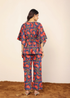 Ensemble deux pièces de style caftan rose multi floral 100% coton Indo Western Co-ord Front Tie Top Pantalon droit Sweet OEM disponible
