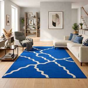 Tapis moderne tufté à la main pour enfants - Motif abstrait bleu et blanc en laine/soie, résistant aux animaux domestiques, idéal pour salle de jeux, salon, prière - Product Image 5