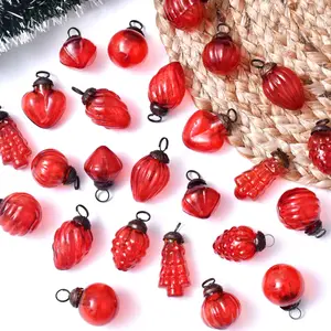 Enfeites de vidro vintage para pendurar, enfeites artesanais de luxo, minúsculo vermelho, bolas de árvore de natal (conjunto com 25 peças)