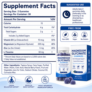 Gomitas Veganas de Magnesio 200mg Glicinato de Magnesio, 50mg L-Teanina, 5mg Zinc, 10mcg D3, Sin GMO, Sin <span class=keywords><strong>Gelatina</strong></span>, Sabor Bayas, 60 Unidades - Product Image 6