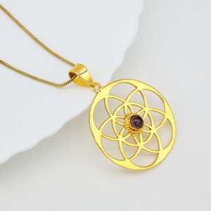 Nuevo Collar de Moda con Colgante Boho de Geometría Sagrada, Collares de Latón para Mujer, Chapado en Oro de 18k, Semilla de la Vida, Amatista, Venta al por Mayor/OEM - Product Image 5