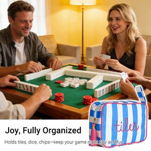 Mahjong-tegelentas met handvat - Gestreepte koffer voor 166 Amerikaanse tegels (<span class=keywords><strong>1</strong></span>,2 inch), geborduurd ontwerp met pluche binnenkant en rits met kwastje - Product Image 4