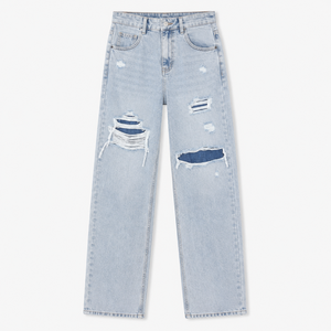 Jeans de Mezclilla de Algodón de Cintura Alta y Pierna Ancha para Mujer, Lavado Claro, Desgastados, Rotos, Ajuste Holgado, Estilo Urbano, para Uso Casual y a la Moda - Product Image 2