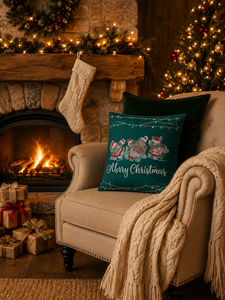 Housse de coussin en velours brodée Joyeux Noël blanche – Oiseaux d'hiver - Product Image 4