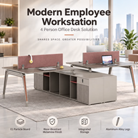 Poste de travail en L moderne pour 4 personnes avec cloison et armoire latérale pour bureau d'entreprise
