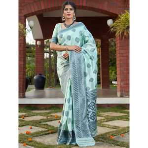 Impresionante Sari de Seda Banarasi Azul Claro, Tejido de Alto Rendimiento para Festivales - Product Image 1