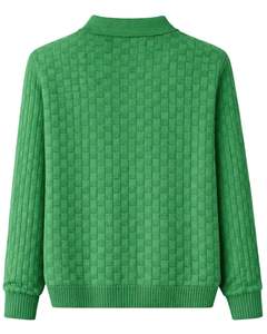 Suéter Polo de Punto con Textura de Gofre para Hombre, Manga Larga, Cuello con Botones, Informal, para Invierno, en Verde Brillante, para Venta al por Mayor - Product Image 2
