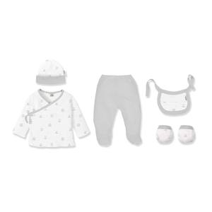 Ensemble de 5 vêtements pour nouveau-nés - Gris Peluche - Tissu en velours 100% coton - Comprend chemise, pantalon, gants, bavoir, chaussettes (0-6 mois) - Product Image 1