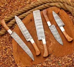 Juego de Cuchillos de Chef de 5 Piezas de Acero de Damasco de Alta Calidad, Hechos a Mano, Venta Caliente, Uso en Cocina, Directo de Fábrica, con Mango de Madera y Funda - Product Image 4