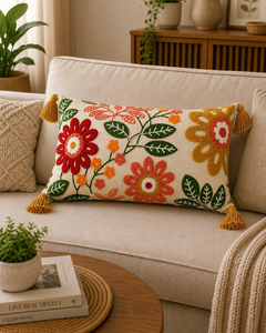 Custom Handmade Cotton Embroidered Floral Lumbar <b>Cushion</b> with Insert Botanical Throw Pillow with <b>Tassels</b> for Home Decor - Product Image 4