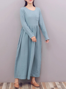 เดรสแม็กซี่แขนยาวมีกระดุมด้านหน้าสำหรับผู้หญิงเดรสลูกไม้หยักพิมพ์ลายคอกลมสวย - Product Image 4