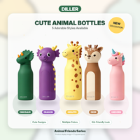 Botella de Agua Infantil DILLER, Aislada al Vacío, de Acero Inoxidable 304 Libre de BPA, con Diseño de Animales de Dibujos Animados