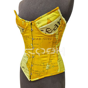 Corset sur mesure en satin à motif de carte vintage, jaune, avec baleines en acier, pour la mode et le cosplay - Product Image 5