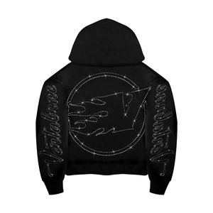 Custom Men Winter Thick 450GSM French Terry Transfer Rhine Stone Streetwear Bedazzled Bling Rinestoned Full Zip Logo <b>Rhinestone</b> - Product Image 1