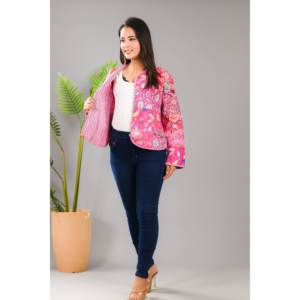 100% Cotton Pink Quilted Patchwork <b>Jacket</b> Reversible Satin Blazer Floral <b>Lightweight</b> Custom XL for <b>Ladies</b> for Spring Autumn - Product Image 1