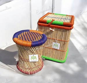 Moderne belle boîte de rangement de canne tissée à la main bambou naturel Mudda tabouret pouf multicolore os incrustation Console pour une utilisation en appartement - Product Image 5