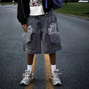 กางเกงยีนส์ขาสั้นคาร์โก้ผู้ชายแบบมีเพชรประดับเอวสองชั้น  รับผลิตแบบ OEM ODM พร้อมสกรีนโลโก้ตามสั่ง - Product Image 4