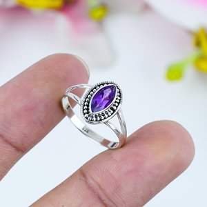 Nueva llegada Natural amatista piedra preciosa joyería anillo Vintage plateado hecho a mano joyería anillo 925 plata esterlina Marquesa anillo - Product Image 3