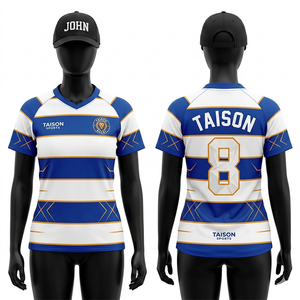 Maillot de rugby pour femme en polyester respirant 180 GSM, bleu et or avec empiècements contrastants, logo personnalisé par transfert thermique - Product Image 2