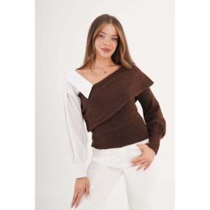 Conjunto de Suéter Color Café para Mujer, Mitad Camisa, Mitad Tejido, Disponible para Venta al Por Mayor - Product Image 2