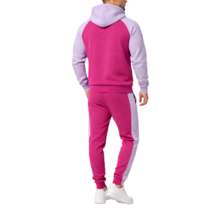 High Quality Pink & Lavender <b>Mens</b> Tracksuit | Two-Color Raglan <b>Pullover</b> with Contrast Side-Stripe Trousers - Product Image 2