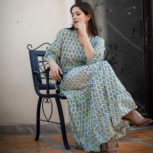 Women's Comfortable Midi-Length <b>Dress</b> Cotton Hand Block Printed Stylish Tiered Design Full <b>Sleeve</b> Eco-Friendly Casual <b>Dress</b> - Product Image 1