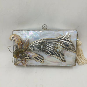 Handcrafted Mother of Pearl <b>Silver</b> Frame Clutch with Sculpted Floral Motif Pearl Tassel Luxury Bridal <b>Evening</b> <b>Bag</b> - Product Image 1