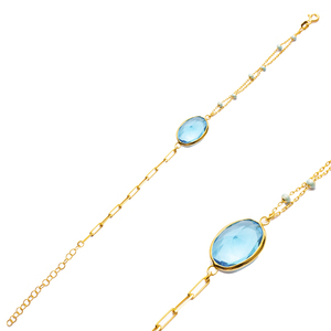 <b>Aquamarine</b> Quartz 22K Gold Bezel Oval Shape Silver <b>Bracelet</b> Wholesale Handmade 925 Sterling Jewelry - Product Image 1