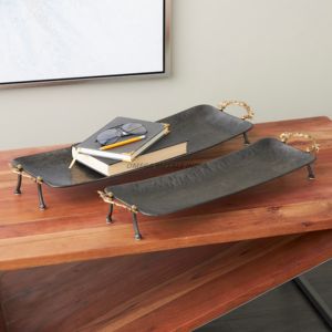 Sleek Black Metal Serving Tray Set With Elegant Gold Accents and Unique Curved Design Perfect for Stylish Home Organization - Product Image 1