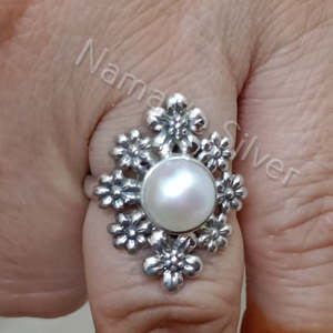 Handmade Boho Floral <b>Statement</b> <b>Ring</b> Sterling <b>Silver</b> with Pearls for Birthday Anniversary Christmas Valentine's Day Gift - Product Image 6