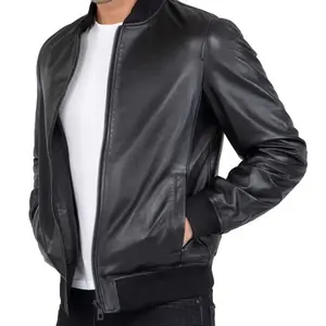 Men's Black <b>Sheepskin</b> Leather Biker <b>Jacket</b> Comfortable Regular Body Fit All-Season Bomber <b>Jacket</b> Fabric Condition New - Product Image 3