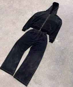 Manufacturer Custom Rhinestone Acid Wash Streetwear Tracksuit High Quality Sweatsuit Plaid Flared Sweatpants and <b>Hoodie</b> Sets - Product Image 3