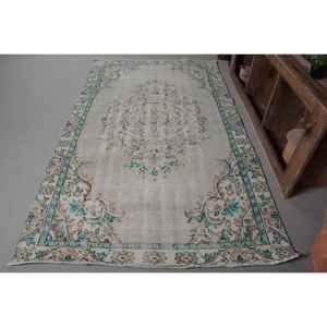 Vintage Classic Turkish Rug 5x8 Feet Beige and Blue Patchwork Design Handmade Wool with Latex Backing for Living Room - Product Image 1