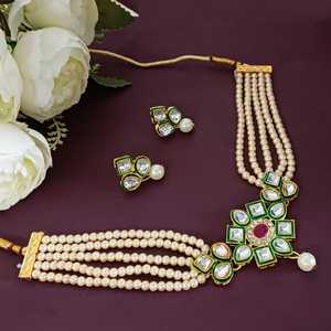 Fabricantes de joyería India Crystal Kundan Jewellery Faux Pearl Beaded Nupcial Gargantilla Collar Pendientes colgantes Set, Blanco - Product Image 2