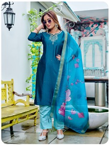 Traje de Seda Rangoli de Diseñador con Interior y Dupatta Digital, Ropa Étnica Multiusos para Fiestas, Bodas y Uso Casual - Product Image 2