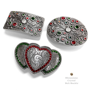 Hebilla de cinturón de cristal de diamantes de imitación Hebilla grabada floral rectangular de plata antigua (Cristal-LtSiam-FernGreen-Tangerine) - Product Image 2