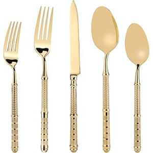 Juego de Cubiertos de Diseño Artesanal de 5 Piezas, Cubertería Dorada Brillante y Pulida, Cuchillo, Tenedor y Cuchara Plateados para Mesa de Comedor - Product Image 1