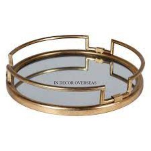 Best Quality Aluminum Casted Gold Plated Framed Round Shape Food And Other Items Serving <b>Mirror</b> <b>Tray</b> From Indian Manufacturer - Product Image 1