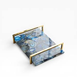 Bandeja Rectangular de Ágata Natural con Patrón de Cristal Gris Oscuro y Asas Laterales Minimalistas Doradas - Product Image 5