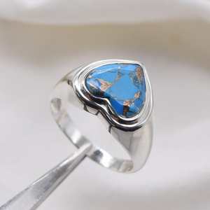 Anillo de Corazón de Turquesa Azul Cobre, Plata de Ley 925, Joyería de Piedras Preciosas Hecha a Mano, Regalo de Moda para Mujer - Product Image 5