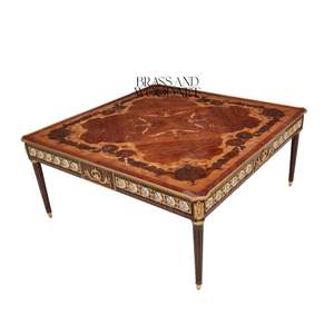 Table basse carrée de luxe avec incrustations en bois complexes et détails en laiton pour une décoration de salon classique et intemporelle - Product Image 4