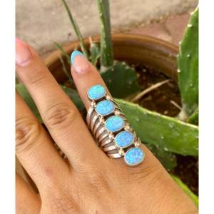 T. Yazzie Sterling Silver <b>Ring</b> with <b>Blue</b> <b>Opal</b> Cushion Cut Size 8 - Product Image 2