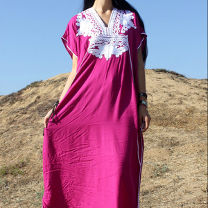 Robe longue classique style Bédouin, col en V, broderie, liens ajustables au dos, légèrement transparente, respirante, coupe trapèze ample, en coton, pour soirée - Product Image 1