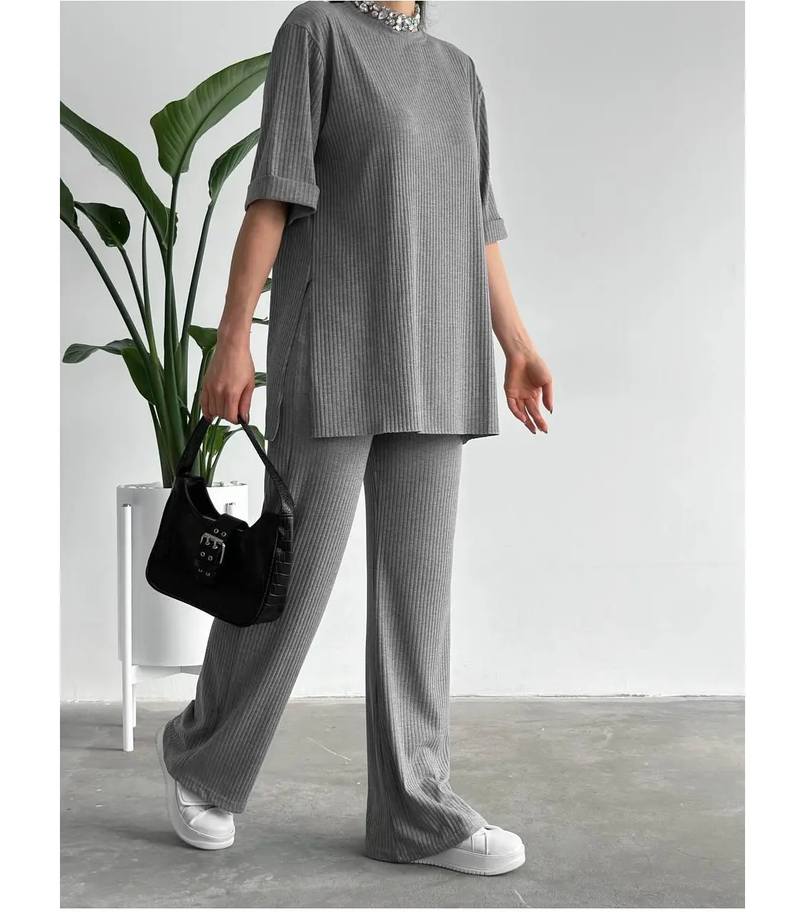 Custom Summer Solid Color Short Sleeve Top Shirt Wide Leg Pants Women Two Piece Knitted Casual Set Gray