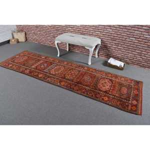2.7x9.4 ft Vintage Rug, Turkish <b>Runner</b> Rug, <b>Red</b> Abstract Wool Rug - Product Image 2