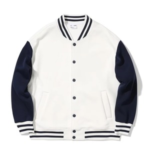 OEM Custom Mens Varsity Jacket Baseball Style Embroidered Cotton Blend Striped Rib Collar Button Up Casual Sports Outerwear - Product Image 2