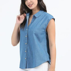 Nouvelles chemises en jean sans manches de haute qualité pour femmes, coupe décontractée, chemises en jean à la mode en coton biologique de meilleure qualité, OEM - Product Image 4