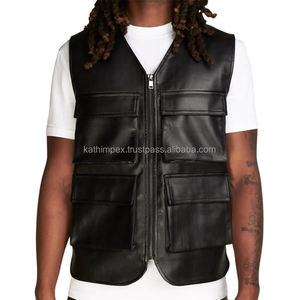 Genuine Leather Men's <b>Vest</b> Wholesale Durable Breathable Design with Zipper and 5 Pockets Classic <b>Black</b> Outdoor Style OEM Service - Product Image 1