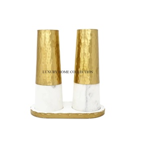 Elegante juego de soporte de sal y pimienta con acabado pulido dorado de metal con un diseño compacto y que ahorra espacio para mesas de comedor - Product Image 1