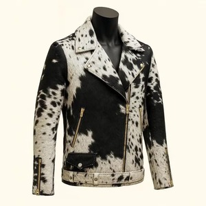Blouson Moto Homme en Cuir de Vachette Véritable avec Fourrure, Noir et Blanc, Fermeture Éclair Asymétrique, Style Western Streetwear, Vente en Gros - Product Image 3